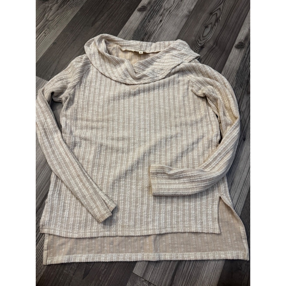 Listicle Womens Cowl Neck Striped Ribbed Knit long sleeve top Beige Cream Small